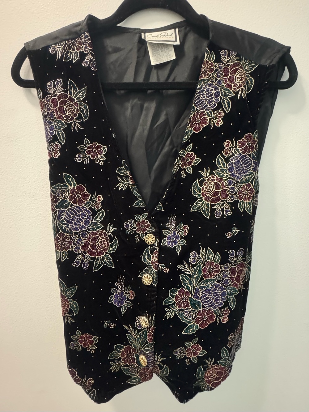 90s Vintage Carroll Reed Velvet Vest Gold Flower Buttons! Epic piece!